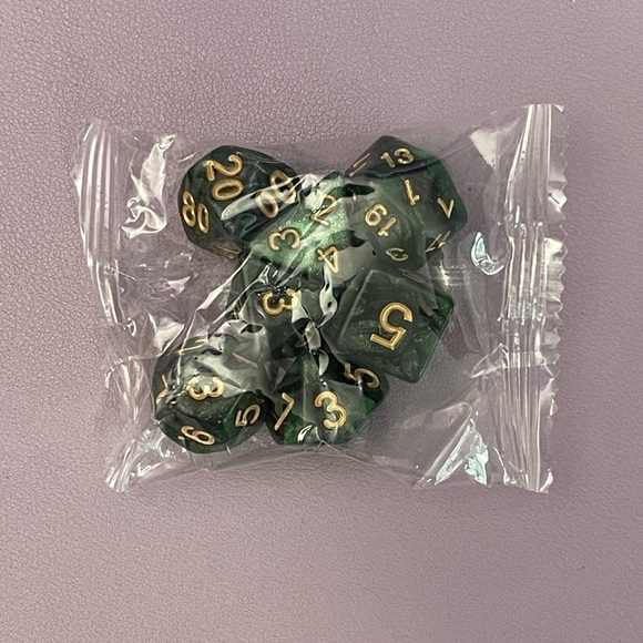 Green & Black Acrylic 7 Piece Dice Set With Gold Inking - Picture 2 of 2